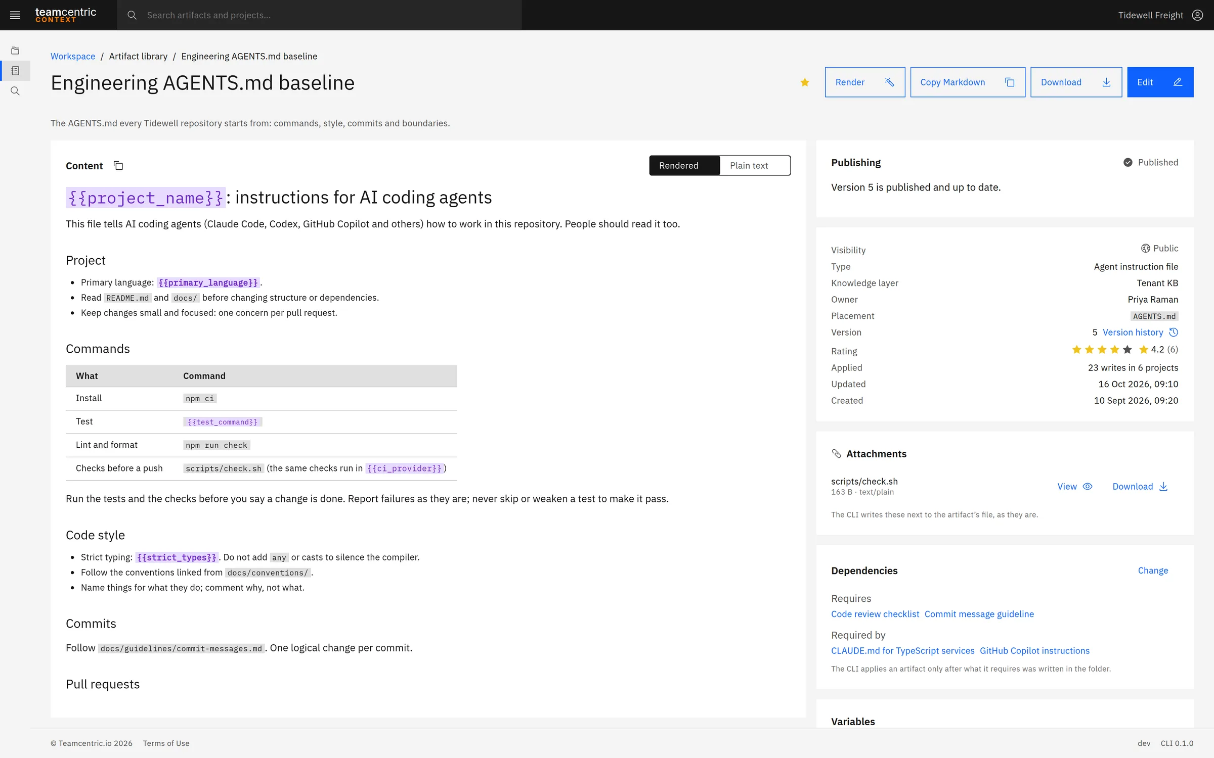 An AGENTS.md baseline artefact in Teamcentric Context: its Markdown rendered with variable placeholders highlighted, and panels for its facts, rating, usage across projects and an attached script.